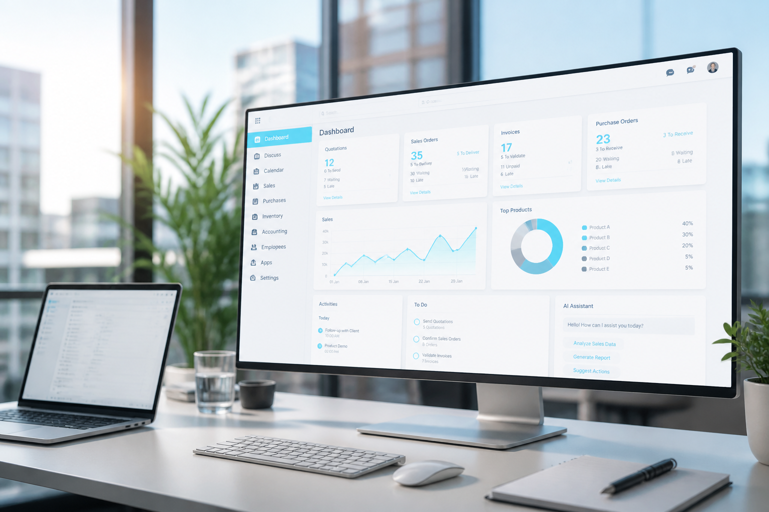 Mountsol specialist workspace with Odoo dashboards and AI-assisted support context