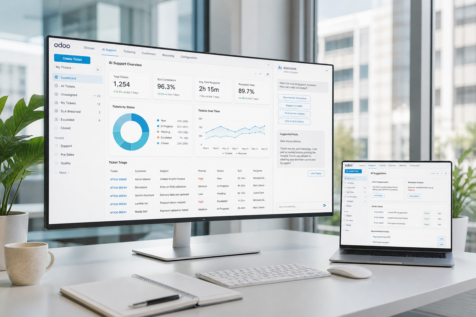 Mountsol Care workspace with Odoo dashboards and AI-assisted support triage