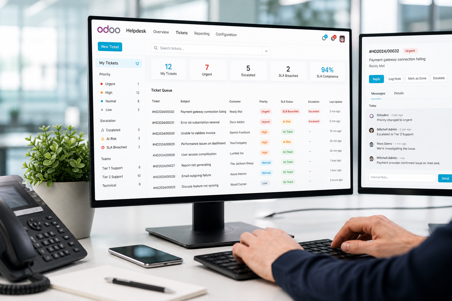 Mountsol priority support specialist reviewing urgent Odoo tickets and escalation queue