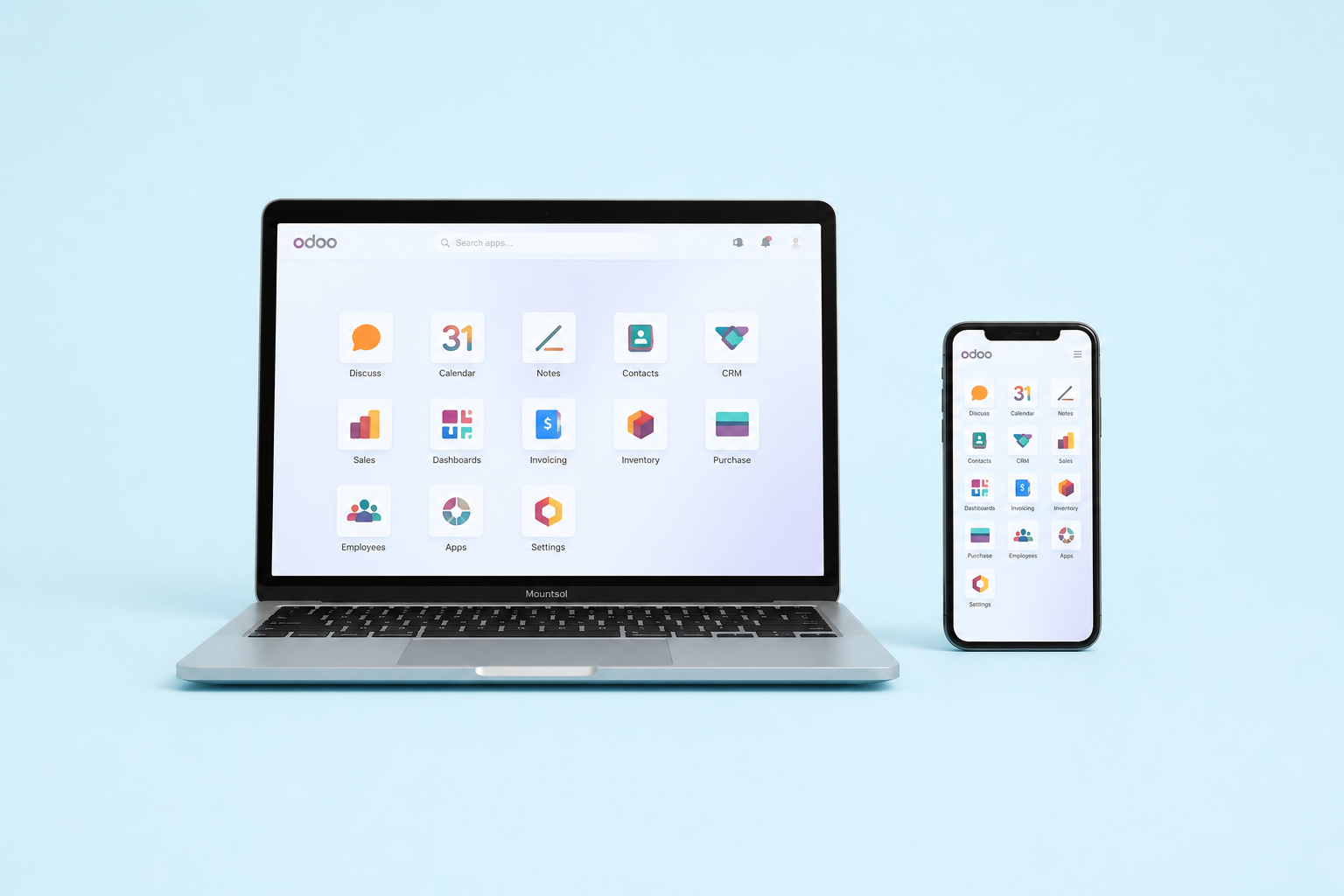 Odoo apps on a laptop and phone — Mountsol consultation