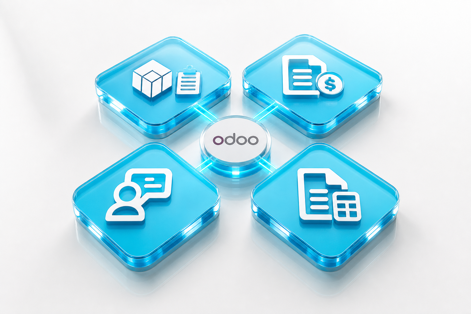Connected Odoo inventory, billing, CRM, and finance tiles on a bright operations board