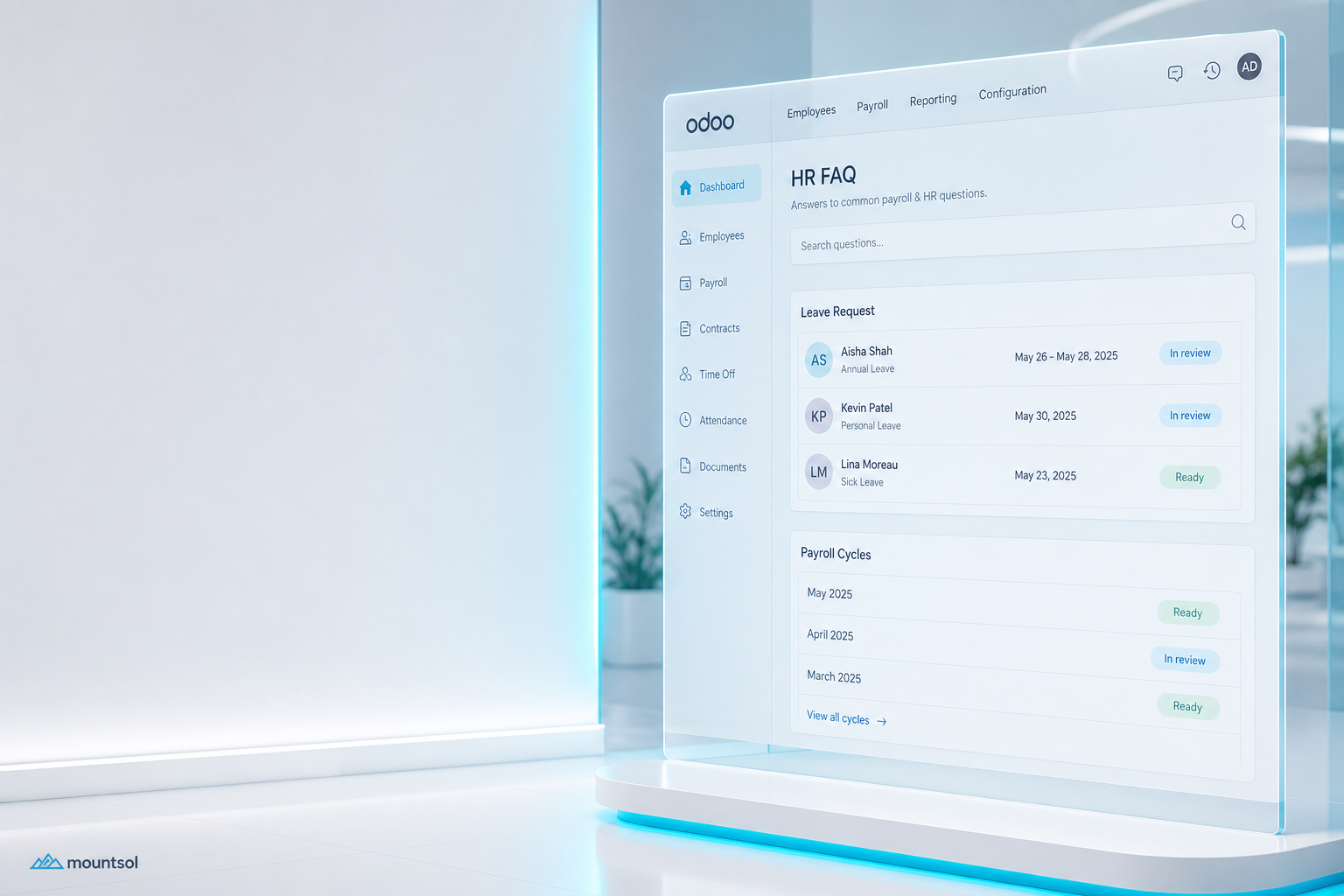 Odoo payroll cycle and HR records beside common Payroll and HR questions