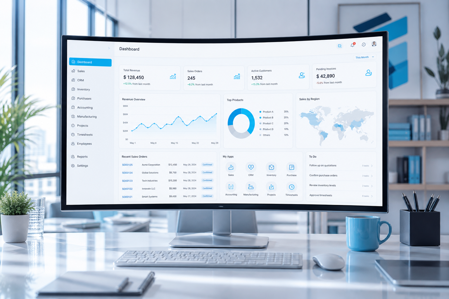 Odoo ERP dashboards and business modules on a modern workstation